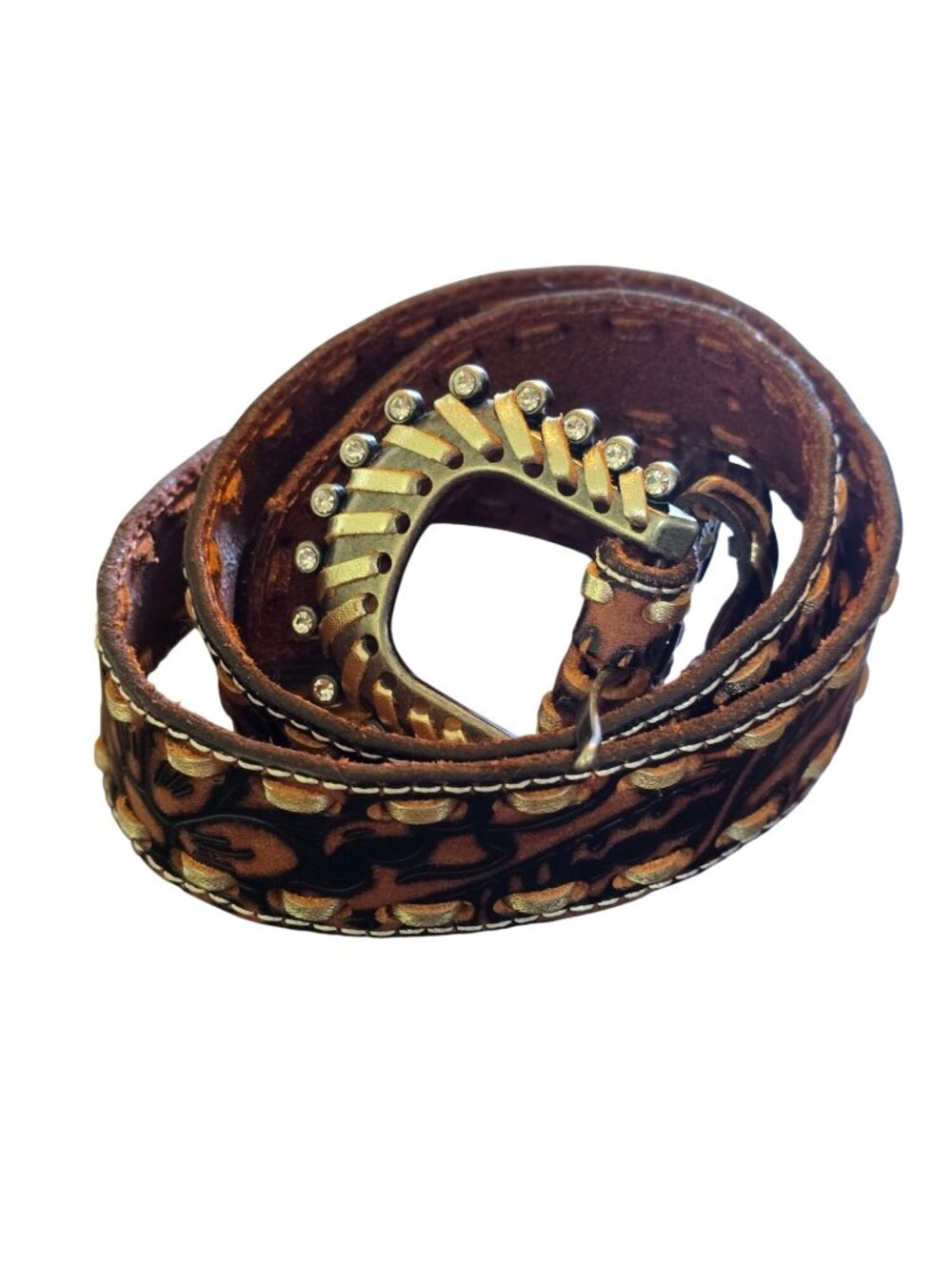 Miss Me Womem's Brown Tooled Leather Rhinestone Western Belt Sz L